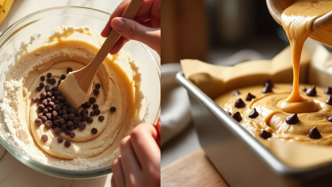 Mixing Ingredients and Pouring Batter into Pan